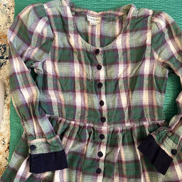 Vintage 90s Dress 16 Purple Green Plaid Flannel Contrast Collar Maxi S. Roberts - Picture 12 of 15